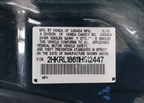 2001 Honda Odyssey Ex из США, поврежденный, VIN 2HKRL18611H512447